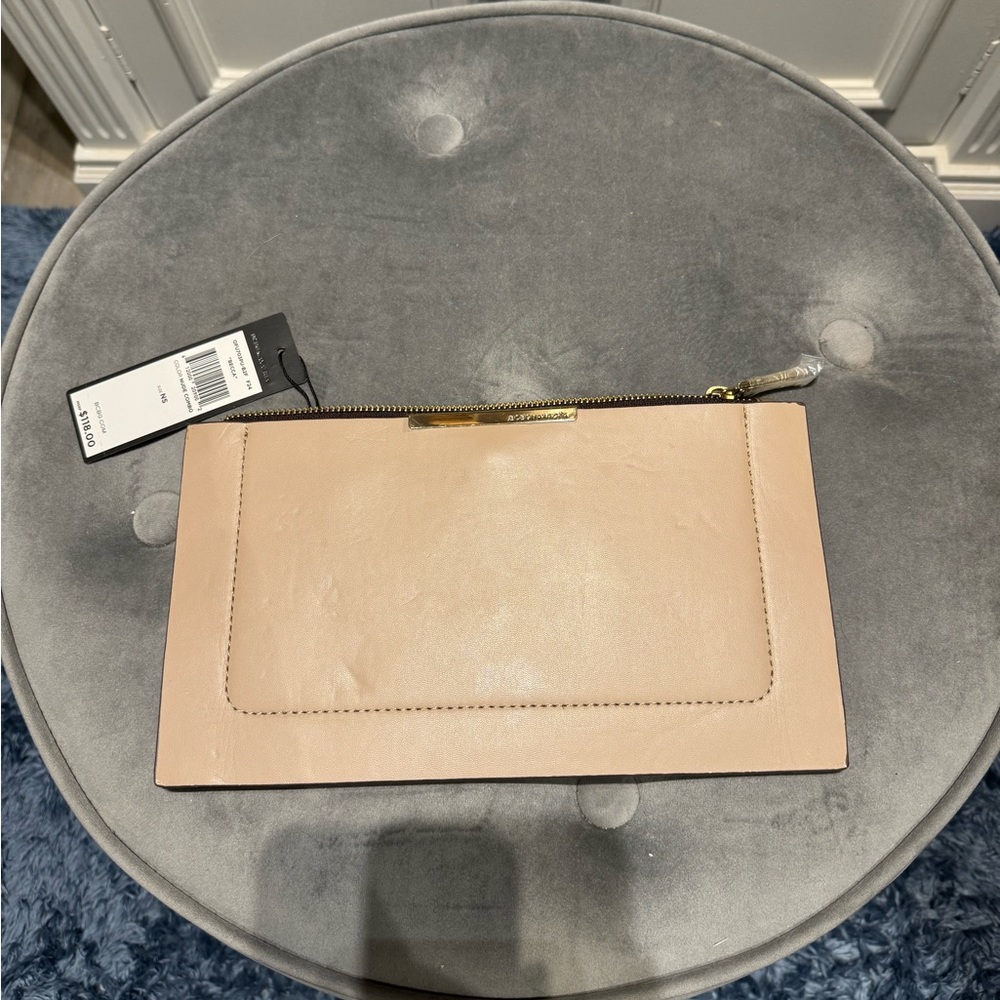 BCBGMaxazria Becca tan/olive envelope clutch
